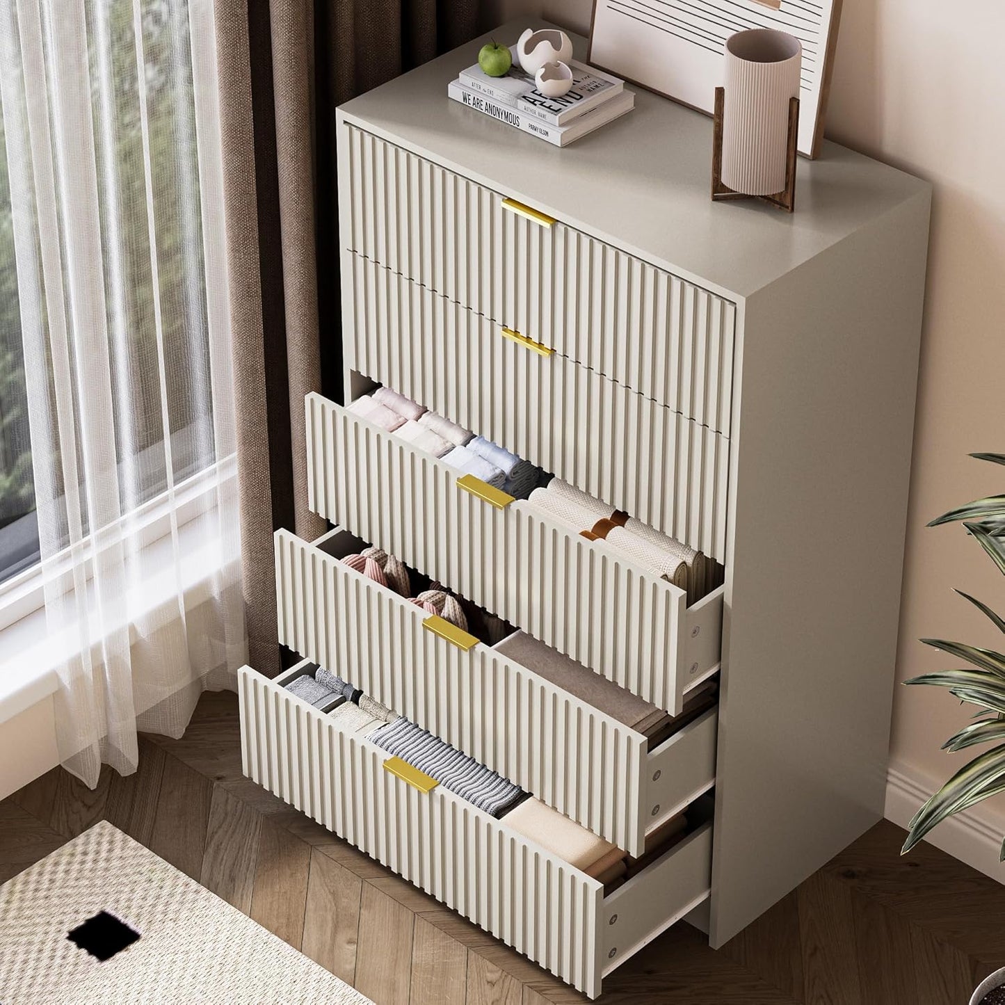 5 Drawer Dresser for Bedroom, Tall Dresser Chest of Drawers with Gold Handles, 32 Inch Wide Nightstand with for Bedroom, Living Rooms, Offices, and Entryways, Beige