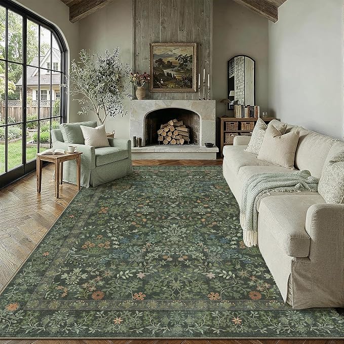 PureCozy 8x10 Dark Green Area Rug for Living Room Bedroom Washable Vintage Floral Carpet Low Pile Non Slip Botanical Aesthetic Large Dining Room Soft Accent Throw Rug Nursery Office Indoor