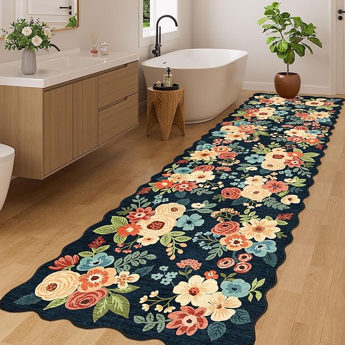 DUKINO 3x10 Washable Runner Rug, Non Slip Floral Ultra Soft Runner for Hallway, Lightweight Low Pile & Stain Resistant Long Throw Carpet for Kitchen, Bathroom, Entrance, Bedroom, Kids Room, Navy Blue