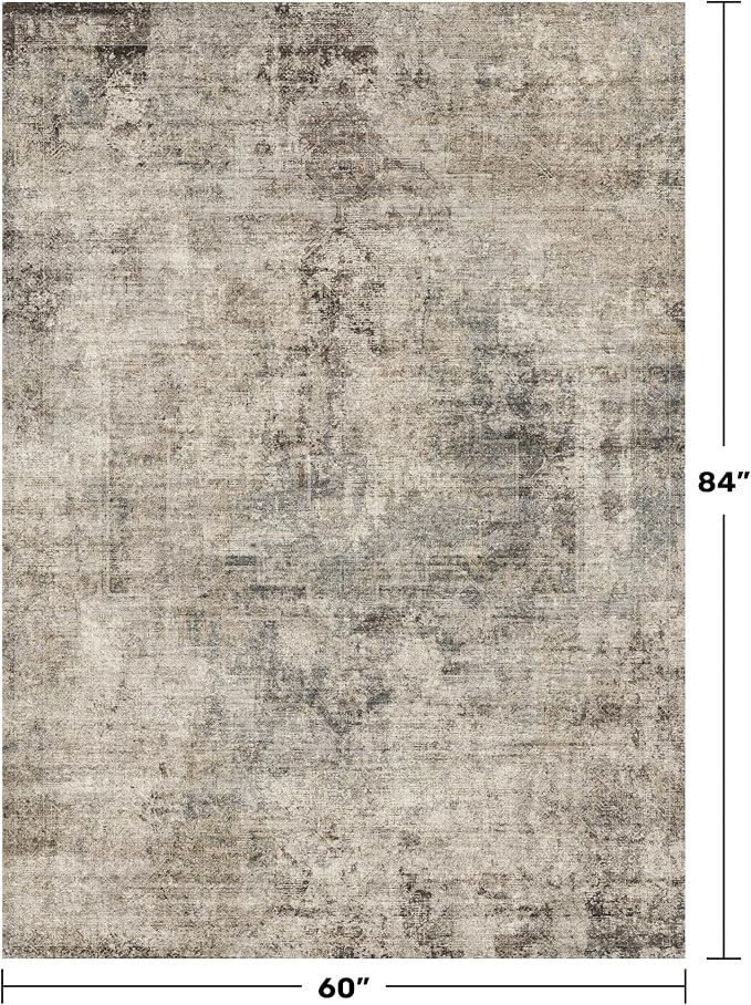 Hazo Haus Farmhouse Washable 5x7 Area Rug for Living Room, Neutral Brown Gray Taupe Distressed Style for Bedroom & Dining Room, Non-Slip Low-Pile Stain Resistant