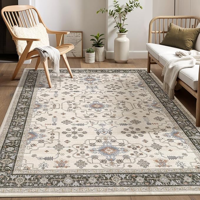 6x9 Area Rugs for Living Room - Large Carpet Ultra Thin Soft Washable Oriental Vintage Floral Distressed Big Indoor Carpets for Bedroom Nursery Dorm Home Decor Aesthetic - Brown Black