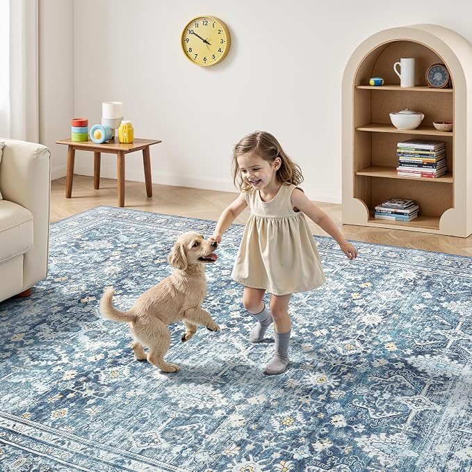 Lofus 9x12 Area Rug for Living Room,Blue Washable Area Rugs with Non-Slip Backing,Soft Boho Carpets for Bedroom Dining Room Home Office Indoor Nursery