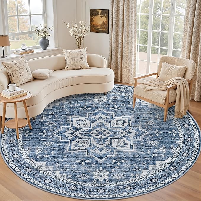 Round Area Rug for Living Room: 8 ft Washable Vintage Boho Soft Thin Circle Rug Indoor Floor No Slip Stain Resistant Carpet for Bedroom Dining Room Farmhouse Nursery Home Office - Blue