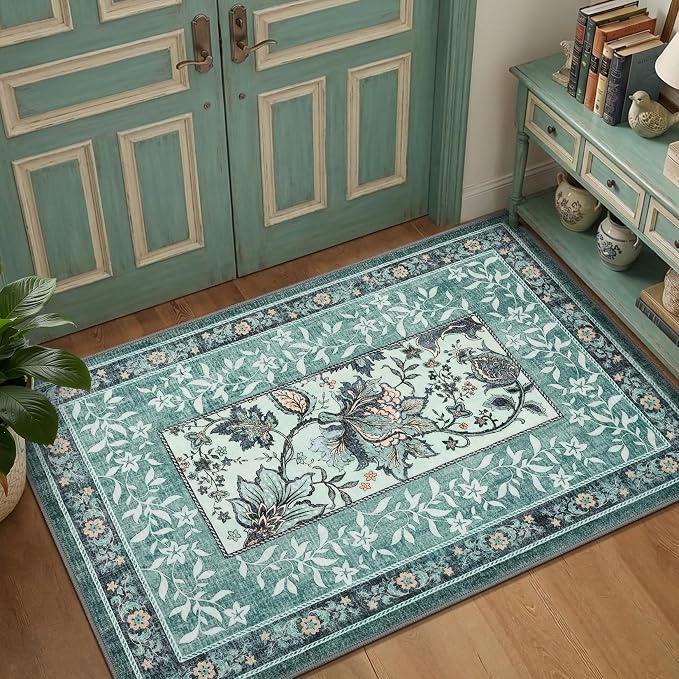 GarveeHome Teal Area Rugs 9x12 Living Room, Botanical Grove Cottage core Washable Non-Slip Rug for Bedroom Dining Nursery Low-Pile Vintage Large Soft Carpet