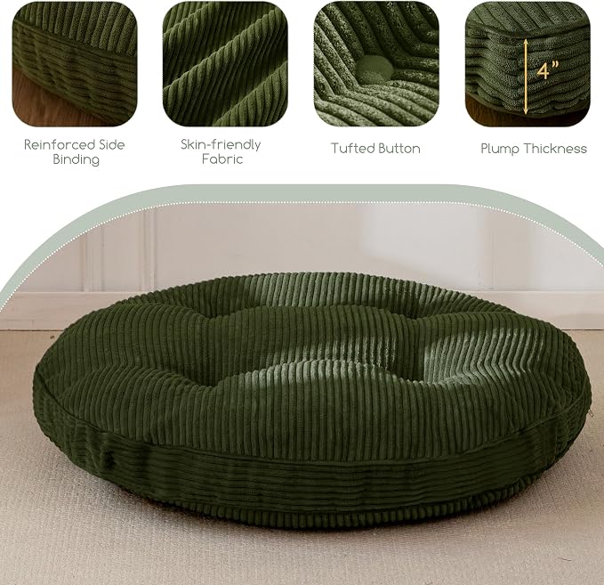 HIGOGOGO 35" Floor Pillow Cushion for Adults, Meditation Cushion Pillow, Extra Large Square Floor Sitting, Tufted Corduroy Cover for Tatami Living Room or Yoga, Dark Green