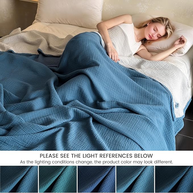 FALUCA Cotton Muslin Cooling Reversible Blanket Queen Size for Bed, Couch, Four Layers Blanket, Soft Lightweight Cozy Breathable Farmhouse Decoration for Summer, Light Blue