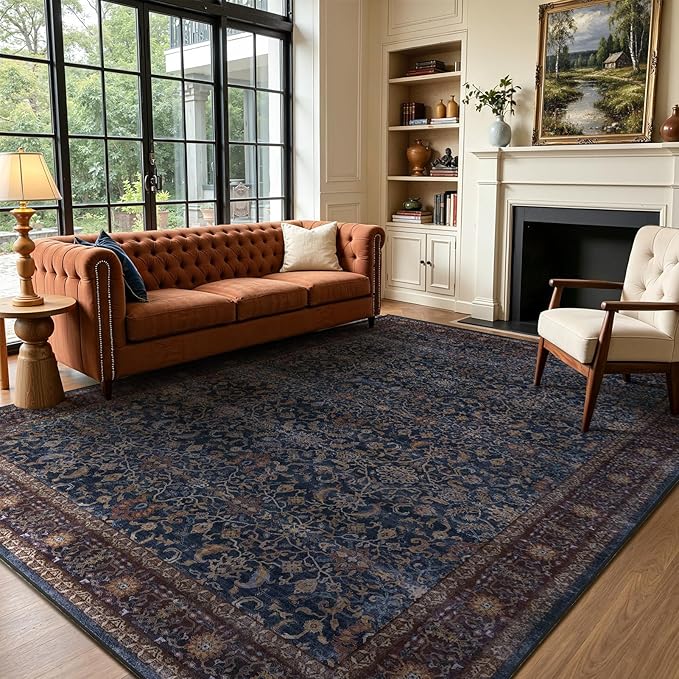 Dark Blue Living Room Rug 8x10, Washable Non Slip Low Pile Thin Carpet for Dining Room, Vintage Print Area Rugs for Bedroom Home Office Old Money Aesthetic