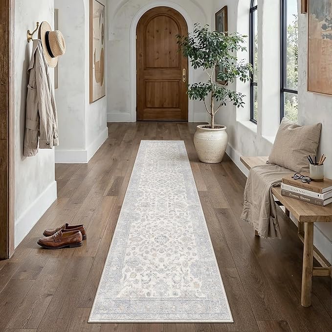 2x10 Blue Washable Runner Rug for Living Room Bedroom Neutral Soft Floral Non Slip Runner Rug Lightweight Vintage Low Pile Distressed Runner Kitchen Hallway Porch Beside Bed Bathroom