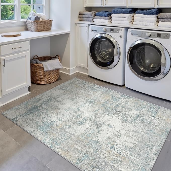 3x4 Washable Area Rug Blue Cream Abstract Non Slip Soft Low Pile Rug for Entryway Kitchen Bathroom Neutral Modern Throw Carpet for Living Room Bedroom Home Decor