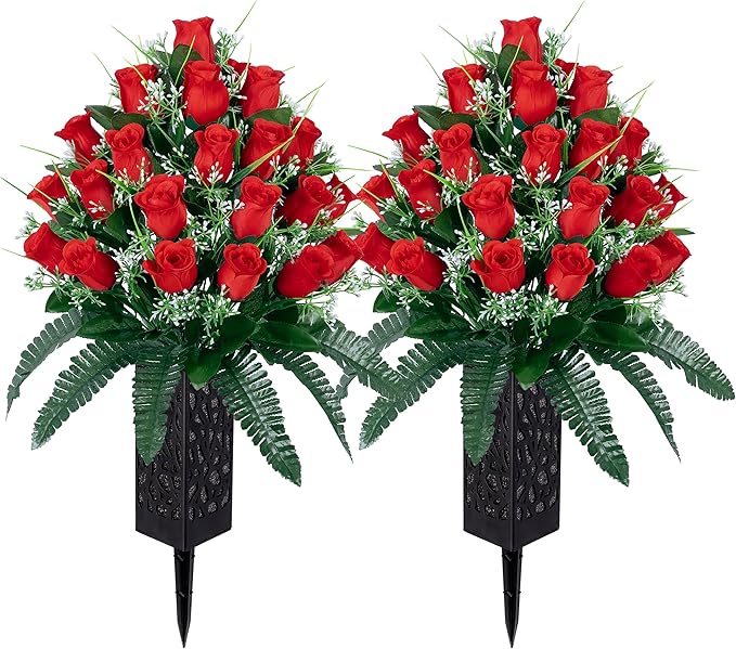 LVXINLI 2 Sets Artificial Cemetery Flowers,Outdoor Grave Decorations Roses,Beautiful Arrangements Bouquet with Cemetery Vase,Lasting and Non-Bleed Colors (Red)