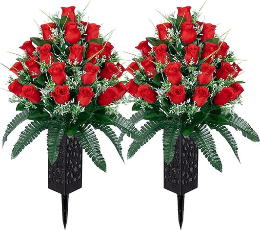 LVXINLI 2 Sets Artificial Cemetery Flowers,Outdoor Grave Decorations Roses,Beautiful Arrangements Bouquet with Cemetery Vase,Lasting and Non-Bleed Colors (Red)