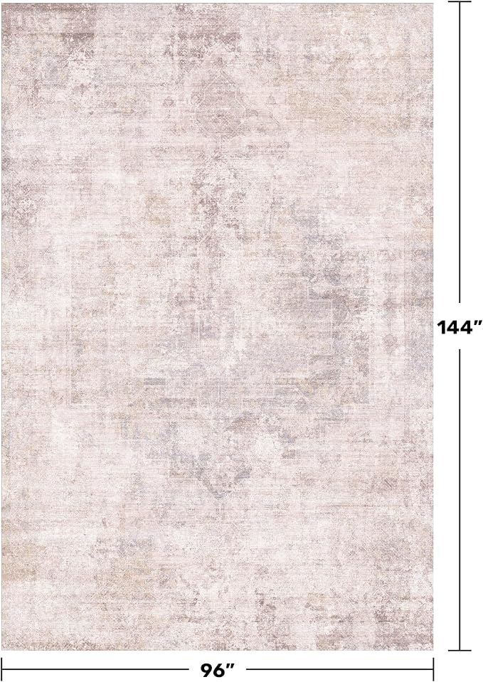 Washable Modern Living Room 8x12 Area Rugs - Pink and Grey Rug for Dining Room Under Table, Large Bedroom Carpet, Non Slip & Soft, Medallion Distressed Print Pattern