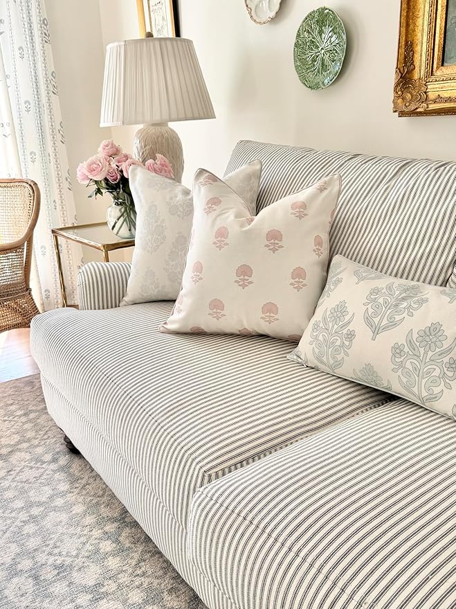 Jillien Harbor “The Patty” Floral Block Print Pillow Cover – Neutral Gray Decorative Throw Pillow Cover with White Background – Grandmillennial Home Decor, 20" x 20"