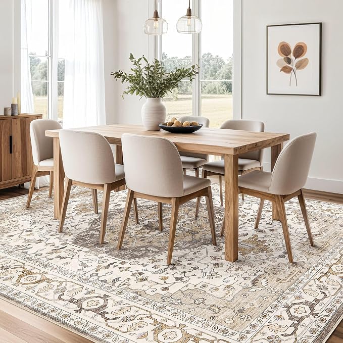 12x18 Area Rugs for Living Room - Large Carpet Ultra Thin Soft Washable Oriental Vintage Floral Distressed Big Indoor Carpets for Bedroom Nursery Dorm Home Decor Aesthetic - Camel/Beige