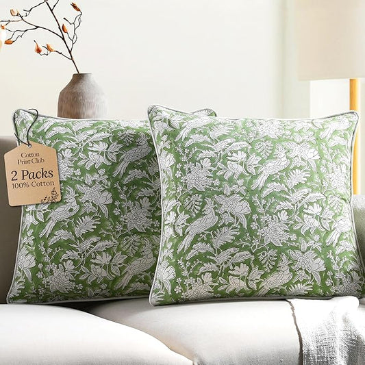 CPC 100% Cotton Throw Pillow Covers 18x18 Inch, Set of 2 Green Block Print Pattern Couch Pillow, Cute Boho Decorative Pillows for Living Room, Bedroom with Hidden Zipper- Olive Green