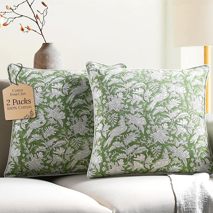 CPC 100% Cotton Throw Pillow Covers 16X16 Green Block Print Pattern Couch Pillow, Cute Boho Decorative Pillows for Living Room, Bedroom with Hidden Zipper- Olive Green