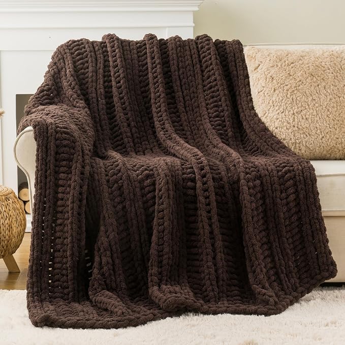 Battilo Chunky Knit Throw Blanket for Couch, 50"x60", Chocolate Brown | Hand Knit, Gift Blanket, Cozy Warm Thick Soft Chenille Throw Blanket for Bed, Sofa, Chair, Living Room