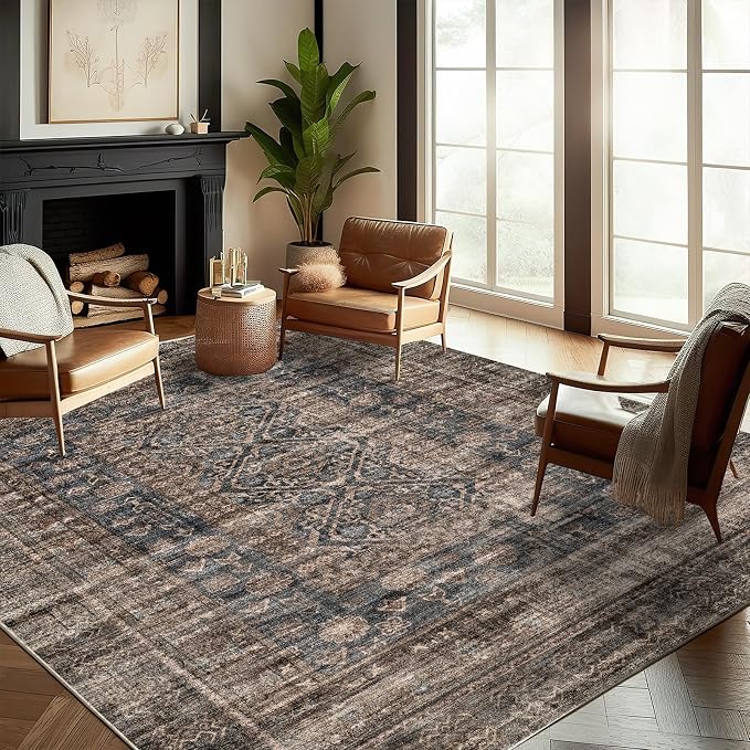 CHAMPLANT Washable Area Rug 9'x12' Retro Boho Design Non-Shedding Easy Care Ideal for High Traffic Areas in Living Room Bedroom Office Coffee Table Kitchen Large Carpet