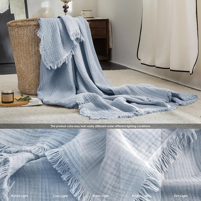 FOSSA Muslin Blanket 4-Layer 100% Cotton Gauze Blanket with Fringe 104"x90" | Super Soft Breathable Lightweight All Season & Decorative Blanket or Bed, Sofa, Office (Cornflower Blue,King)
