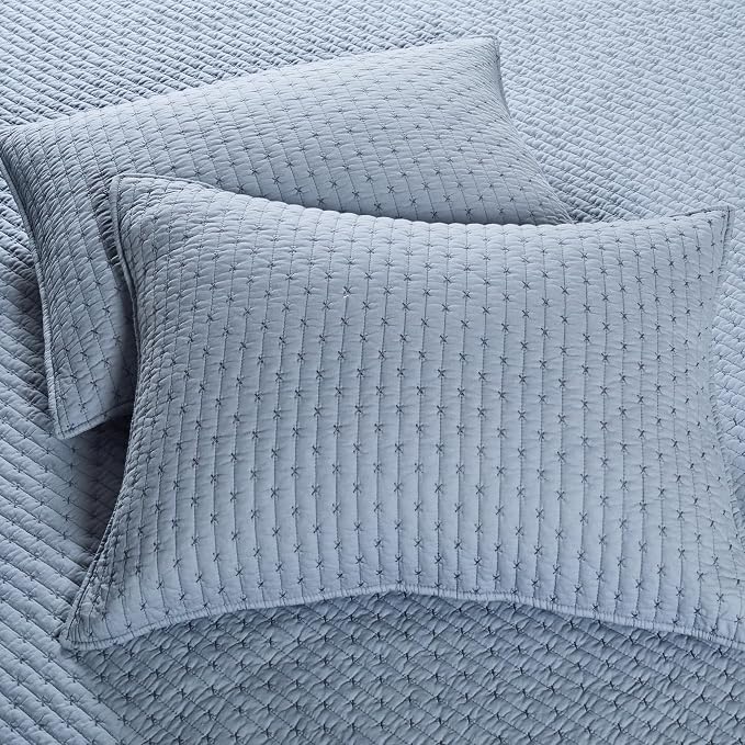 Levtex Home - Velvet Stitch Quilt Set - Full/Queen Quilt and Two Standard Shams - Cross Stitch Velvet - Chambray with White - Quilt (88x92in.) and Shams (20x26in.) - Reversible - Polyester