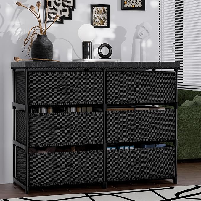 PPN Dresser with 6 Fabric Drawer Stand Desktop Sturdy Metal Plastic Support Tube Cube Storage Cabinet for Living Room, Bedroom Organization Dorm Front Hall Entryway Black