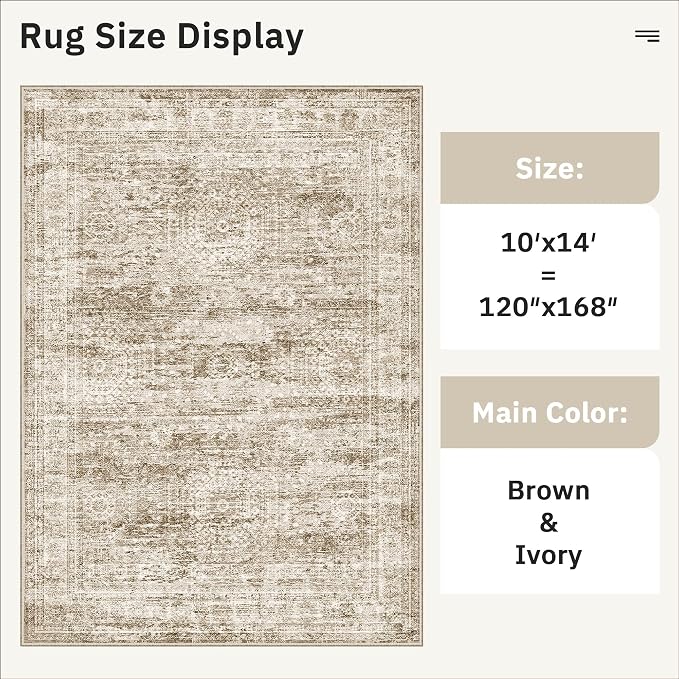 Soalmost 10x14 Area Rugs for Living Room, Non Slip Machine Washable Vintage Rugs, Low Pile Lightweight Large Rug for Bedroom, Dining Room, Home Office Brown