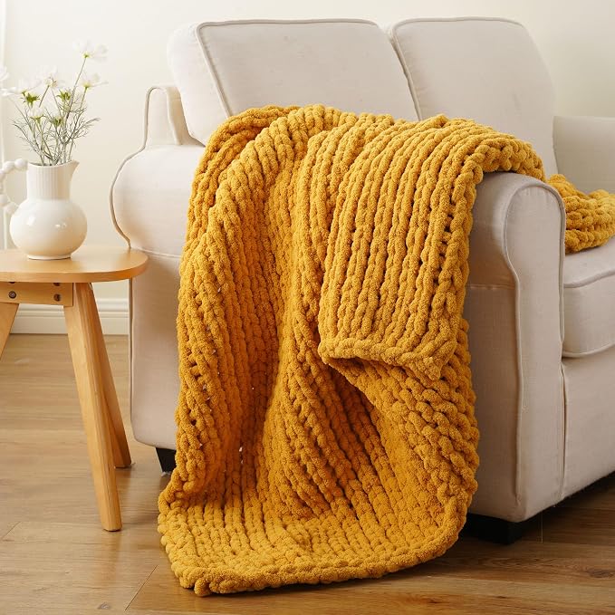 Battilo Mustard Yellow Chunky Knit Throw Blanket, Soft and Thick Chenille Throw Blanket, 50"x60" Handmade Cable Knit Crochet Blanket, Rope Knot Knitted Fall Throw Blankets for Couch Home Decor