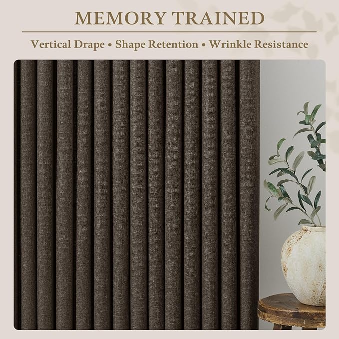 100 Inch Dark Chocolate Thick Linen Sliding Door Ceiling Curtains 2 Panels Set, Memory Shape Pinch Pleat Semi Sheer Light Filtering Living Room Bedroom Window Curtain with Hooks & Rings Brown Drapes
