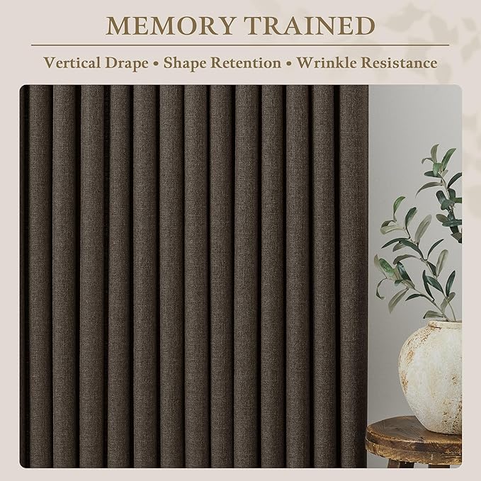 Extra Long 112 Inch Pinch Pleated Sheer Curtains 2 Panels Set with Hooks Rings for Living Room Bedroom, Chocolate Brown Memory Shape Linen Light Filtering Privacy Luxury Windows Curtain Drapes