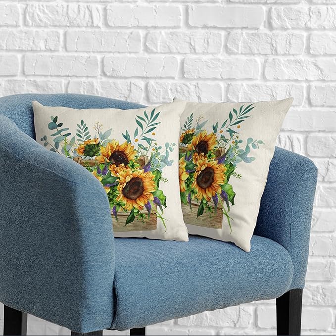 Watercolor Sunflower Throw Pillow Covers Set of 2 Vintage Floral Spring Pillow Case 16x16 Yellow Flowers Two Sided Print Square Cushion Case for Living Room Outdoor Car