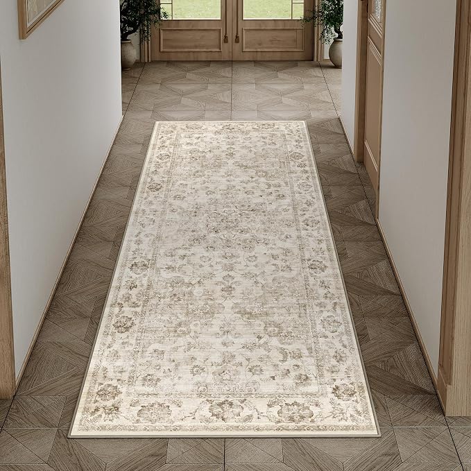 2x5 Washable Neutral Runner Rug Beige Vintage Hallway Kitchen Carpet Non-Slip Soft Low Pile Farmhouse Throw Rug for Bedroom Bathroom Laundry Living Room