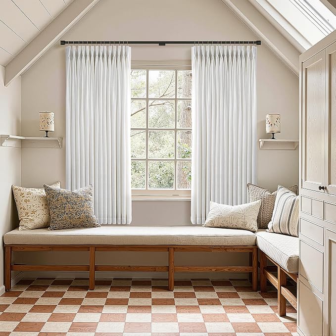 Memory Training Shaped Light Filtering Curtains 63 Inches Long 2 Panels Set for Small Window Dining Room Cream Ivory Birch Boho Farmhouse Pinch Pleated Linen Short Semi Sheer Small Windows 40Wx63L