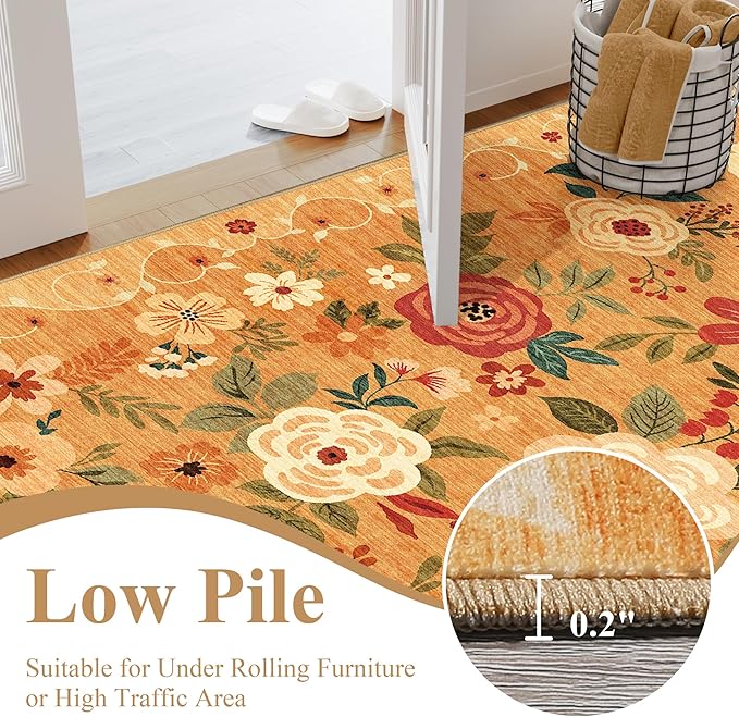DUKINO 8x10 Area Rug, Floral Rugs for Living Room, Lightweight Non Slip Washable Rug, Indoor Low Pile & Non-Shedding Boho Design Rugs for Bedroom, Living Room, Dining Room, Orange