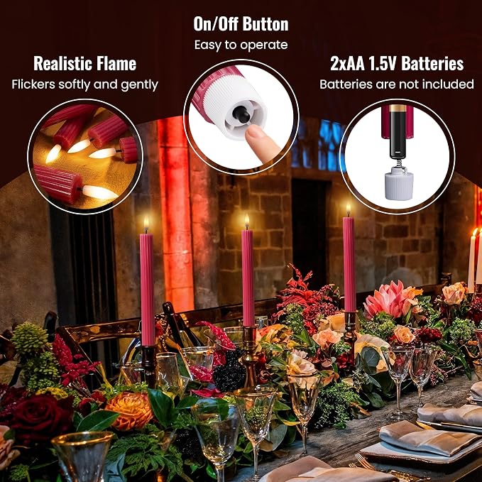 6 Pack, 10" LED Flameless Real Wax Pink Ribbed Taper Candles w/Remote Controller, On/Off Button, Dimmable, Flicker/Static Mode, Battery Operated, Holiday Christmas Menorah Wedding Decor