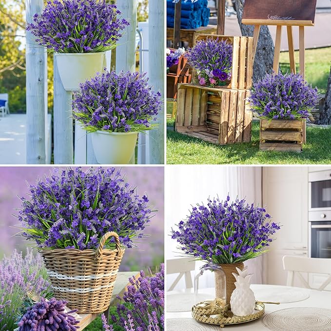 20 Bundles Artificial Lavender Flowers for Outdoors Fake Silk Flowers Faux Plants UV Resistant for Indoor Outside Spring Porch Garden Window Table Box Office Home Decorations, Deep Purple