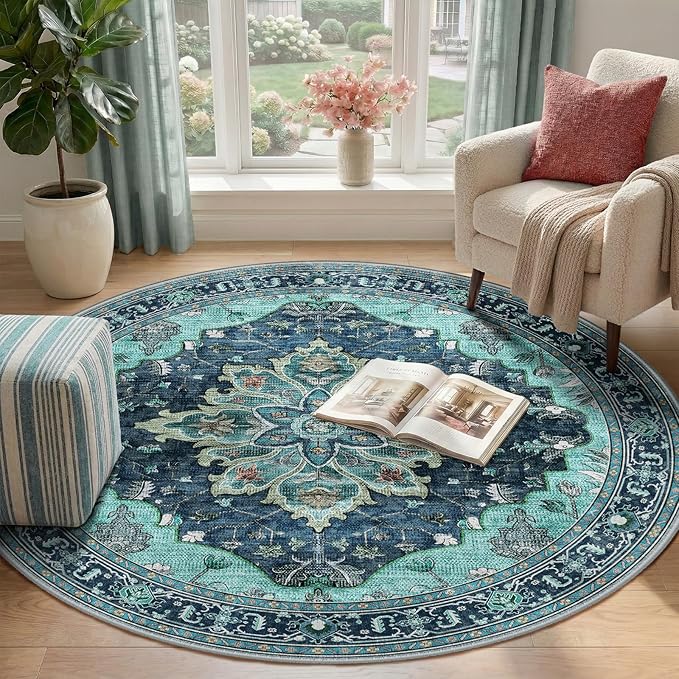 RELEANY Area Rugs 4ft Washable Non-Slip, Floral Vintage Distress Print Pattern Medallion Carpet for Living Room Bedroom Dining Room, Teal Green Lake Blue Turquoise