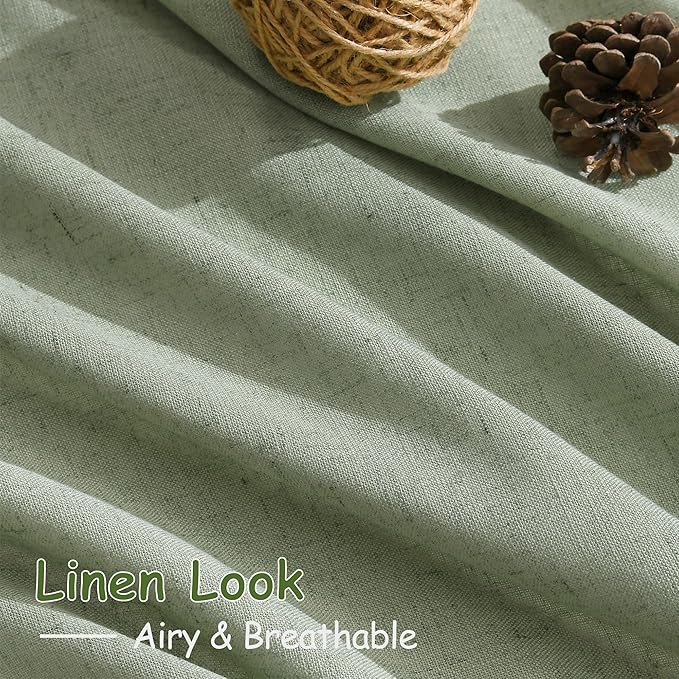Light Sage Linen Curtains for Living Room 63 Inches Long 2 Panel Set Light Filtering Linen Drapes for Kitchen Windows Rod Pocket Back Tab Short See Through Curtain Country Farmhouse Decor 52x63