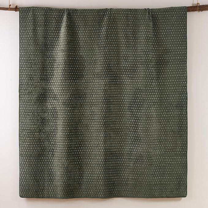 Levtex Home - Velvet Stitch Quilt Set - King Quilt and Two King Shams - Cross Stitch Velvet - Green with White - Quilt (106x92in.) and Shams (20x36in.) - Reversible - Polyester
