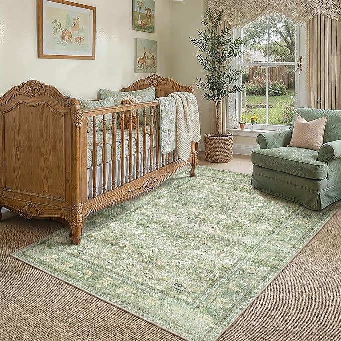 HUGEAR 3x5 Machine Washable Rugs Light Green Hallway Area Rug Indoor Accent Rug Floral Low Pile Carpet Soft Throw Aesthetic Rug Bedroom Living Room Office Dining Room Kitchen Laundry Room Non Slip