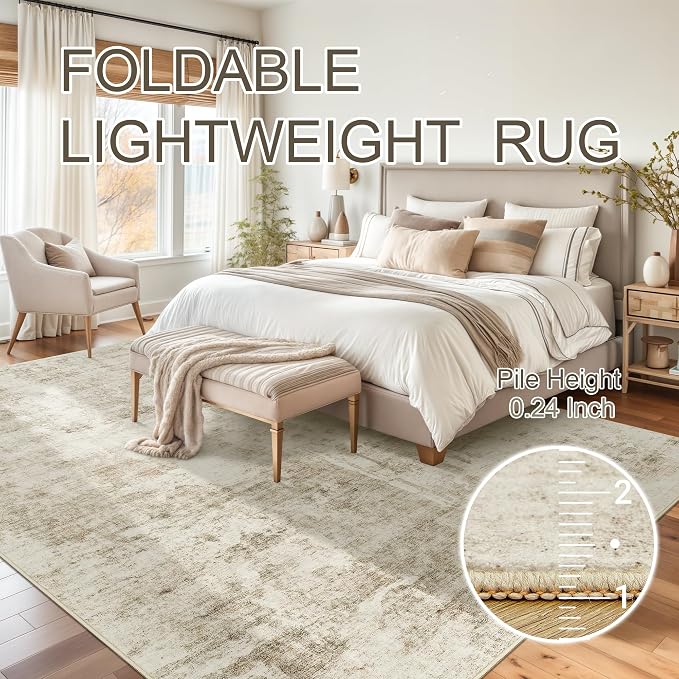 Soalmost Abstract Rug 8x10 Large Living Room Rugs Neutral Modern Washable Area Rugs for Bedroom Dining Room Non-Slip Stain Resistant Foldable Thin Rug Beige Gray