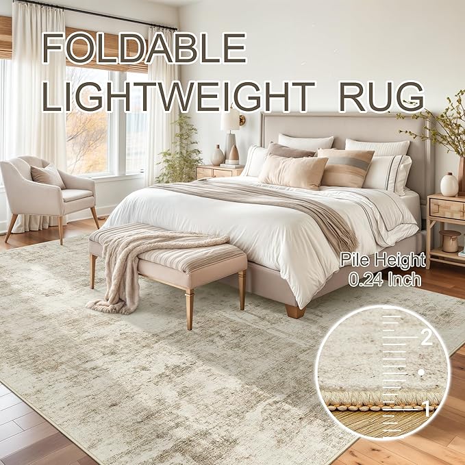 Soalmost 9x12 Area Rug for Living Room, Abstract Non Slip Machine Washable Vintage Carpets, Low Pile Lightweight Large Rug for Bedroom, Dining Room, Home Office Beige Gray