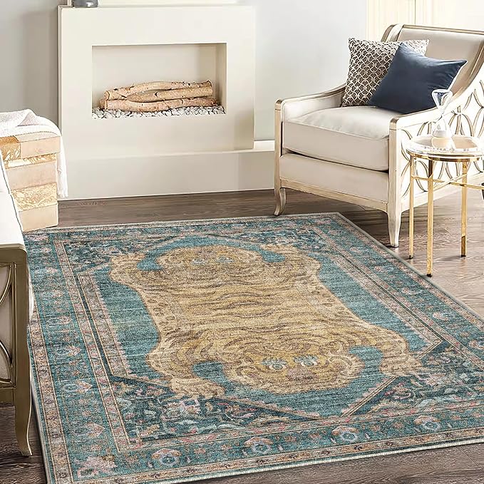 CHAMPLANT Washable Area Rug 4'x6' Vintage Traditional Floor Cover Foldable Thin Rugs Retro Kitchen Indoor Distressed Non Slip Carpet Floral Print Mat Bedroom Living Room