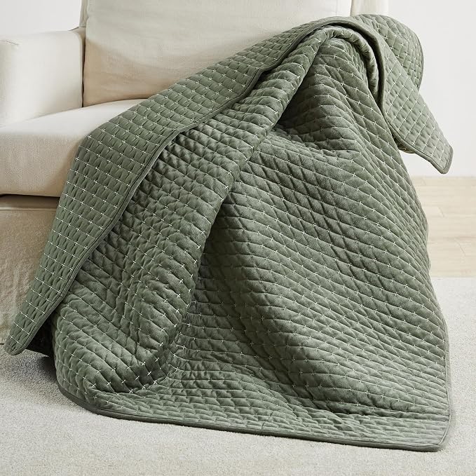 Levtex Home - Velvet Stitch - Throw - Cross Stitch Velvet - Green with White - Quilt (50x60in.) and Sham 50x60in. - Polyester