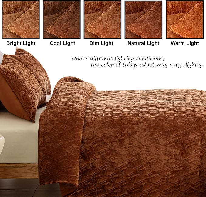 Velvet Quilt Set King Size 98x106 Quilted Bedspread with 2 Pillow Shams Ultra Soft Polyester Bedding All Season for Bedroom Guest Room Hotel Retro Pastoral Home Decor,Caramel