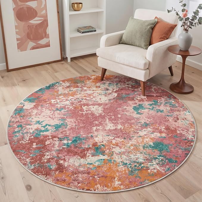 BEIMO Round Rugs 5FT for Living Room Bedroom, Modern Abstract Machine Washable Rug, Large Soft Low Pile Indoor Floor Carpet with Non Slip Backing for Dining Room, Red Green