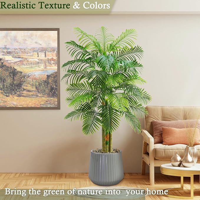Artificial Golden Cane Palm Tree：6T Fake Large Tropical Areca Palm Trees Tall Faux Silk Plant in White Pot with Realistic Triple Textured Trunks for Office Outdoor Home Decor Hotel Patio Lobby