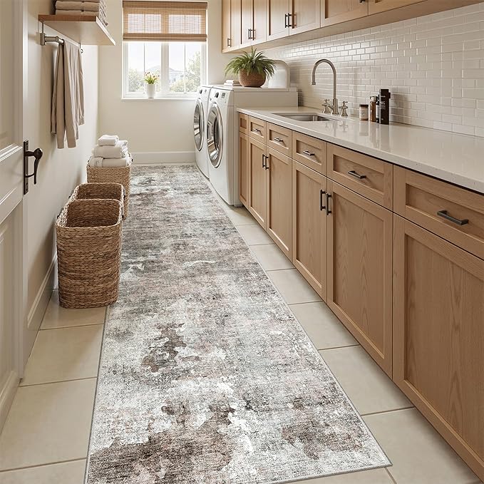 Soalmost Runner Rug 2x10 Washable Non-Slip Hallway Runner Rugs for Kitchen Bathroom Laundry Room Pink/Grey Vintage Floor Carpet Runners for Hallways Entryway