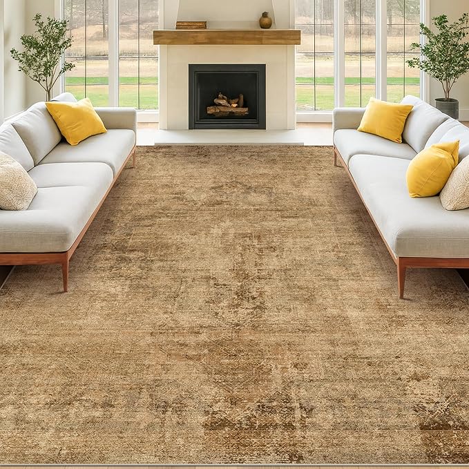 Vintage 8x12 Rugs for Living Room - Brown and Gold Soft Dining Room Area Rugs, Machine Washable Ultra Thin Bedroom Carpet, Lightweight & Stain Resistance, Modern Abstract Nature Gold Earthy Decor