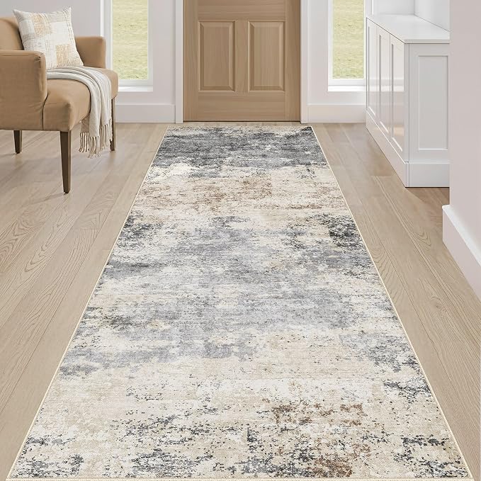 Runner Rug Kitchen Washable Rugs: 3x8 Non-Slip Abstract Soft Modern Stain Resistant Indoor Floor Neutral Accent Throw Carpet for Hallway Bathroom Laundry Room Entryway Bedroom- Grey Brown