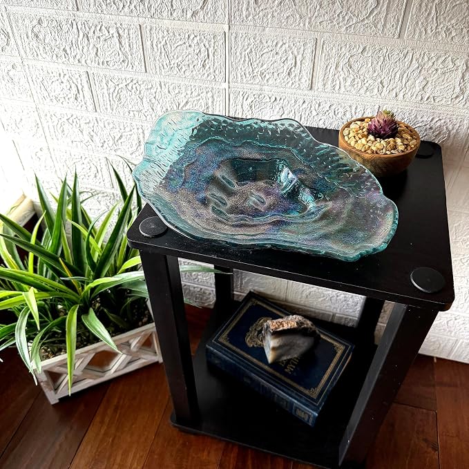 Oyster Shell Decorative Plate, 13 Inch Sea Blue Iridescent Glass | Wide Freeform Shell Form, Wavy Uneven Edges, Glossy Multitone Finish, Sits Flat for Tabletop Display